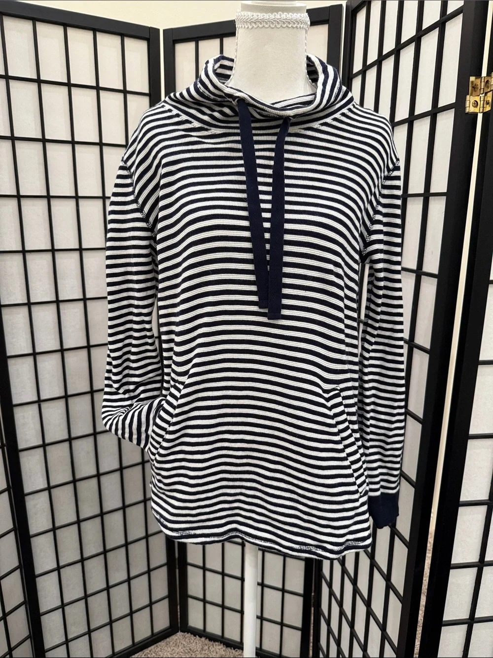 Striped Hooded Pullover in Navy and White